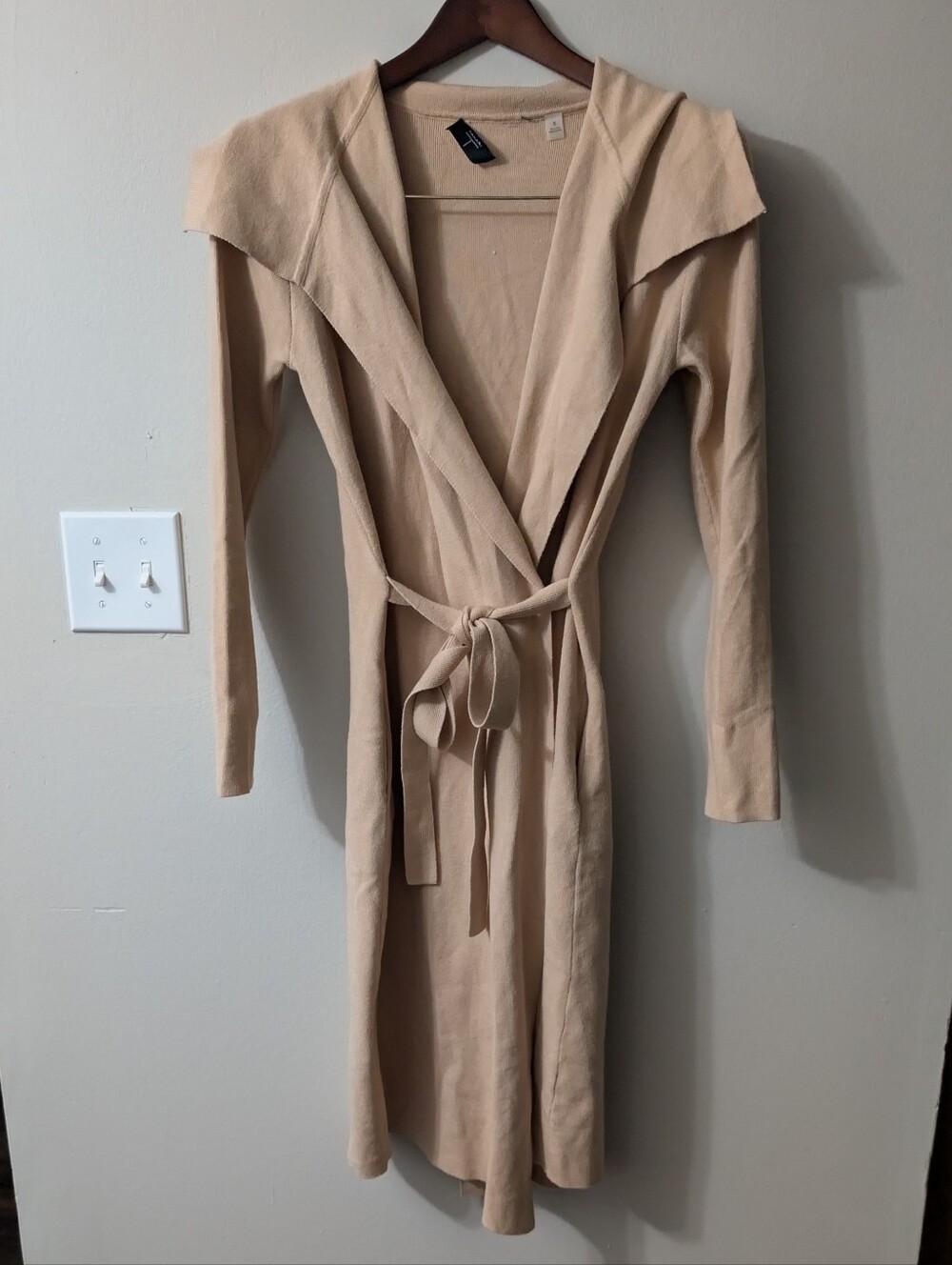 Tahari Knee Length Beige Tie-Waist Belted Cardigan